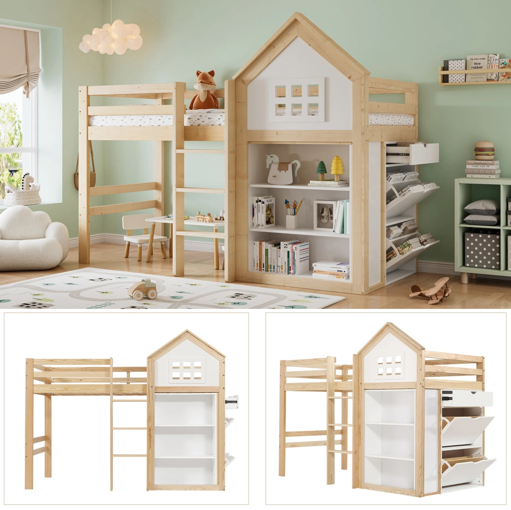 Letto a soppalco per bambini con cassetti e vani 90 x 200 cm