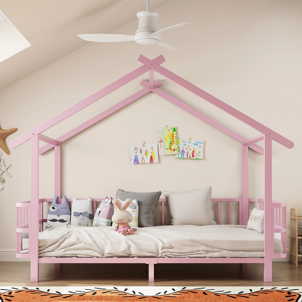 Letto per bambini in metallo rosa a casetta 90 x 200 cm con sponde di sicurezza