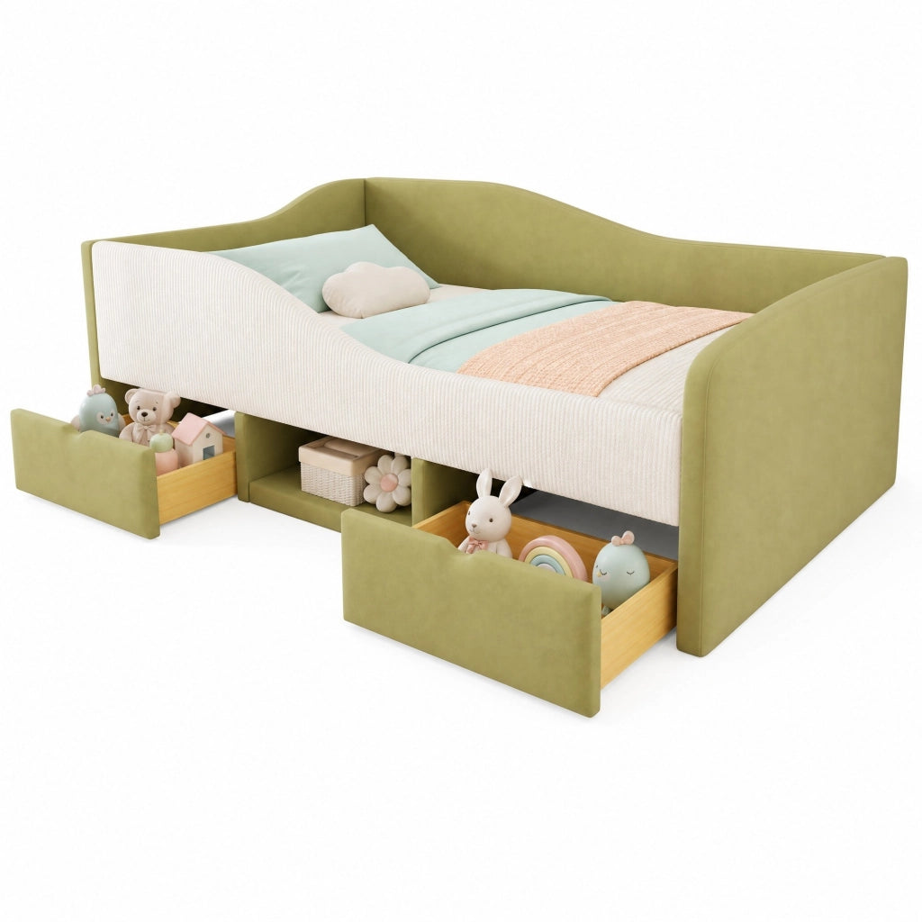Divano letto imbottito 90x190 cm con 2 cassetti; velluto verde e avorio
