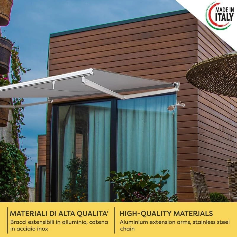 Tenda da Sole a Bracci Estensibili Tempotest Para', col. Verde 5, Largh. 3,6m x Sporgenza 2.85m con Mantovana Ondulata - Arganello Destro