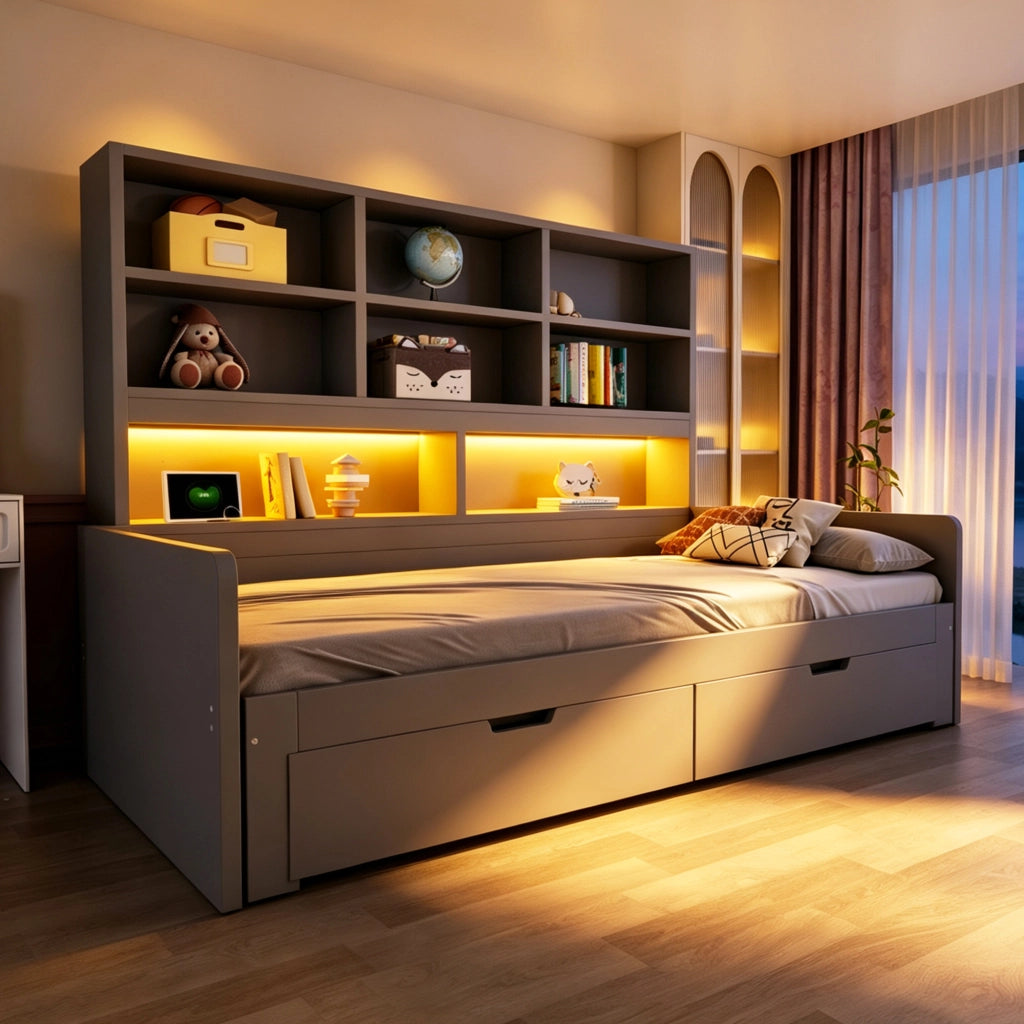 Letto multifunzione 90/180x200 cm in MDF grigio con LED; prese e cassetti
