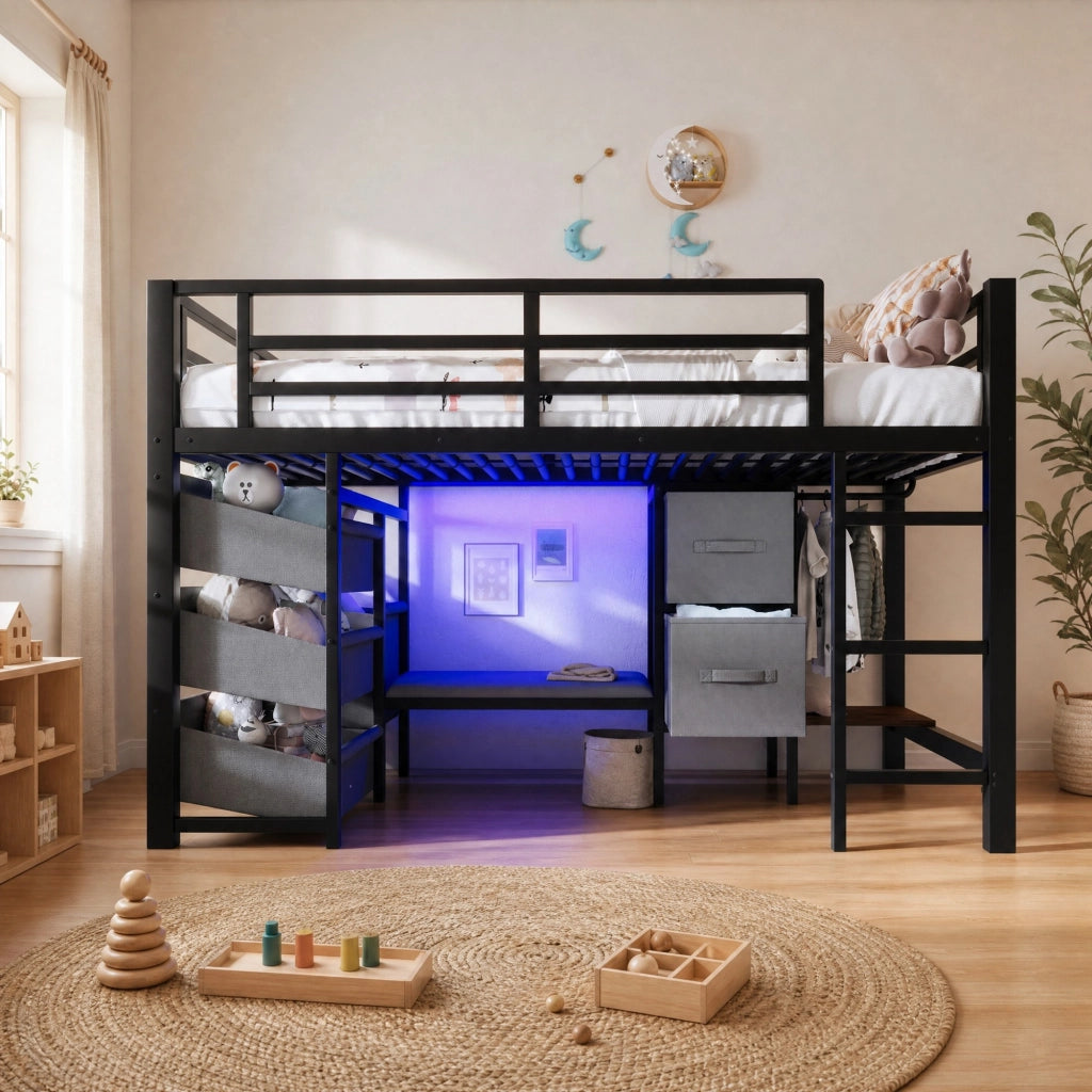Letto singolo rialzato 90x200 cm in metallo nero con LED; contenitori e cuscino seduta HOMVRA