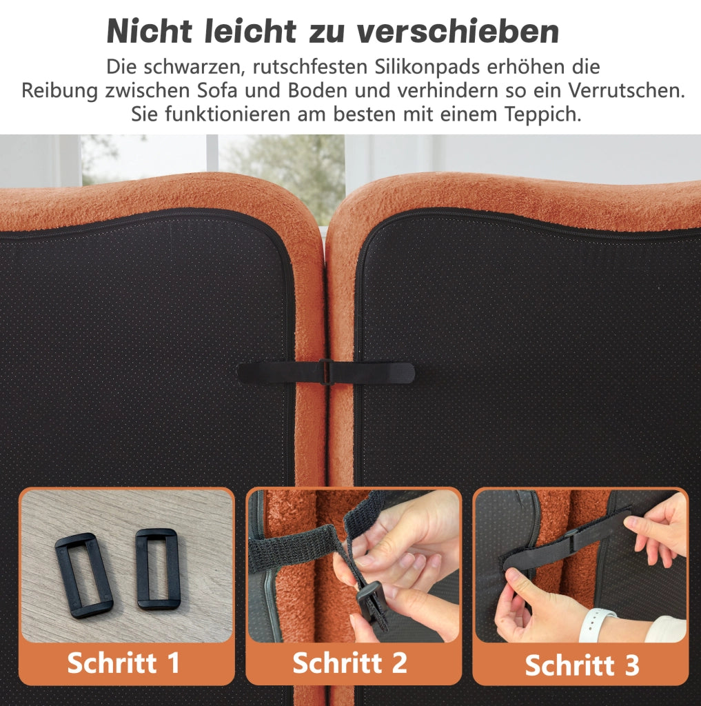 Divano modulare angolare 3 posti con pouf, schiuma ad alta densità 32D, rivestimento in velluto arancione per soggiorno