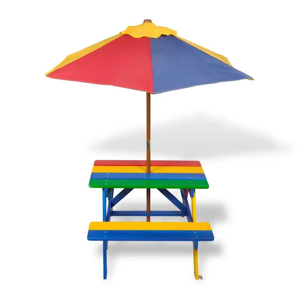 Tavolino da Giardino | Tavolo e Panchine per Bambini con Parasole Legno Multicolore