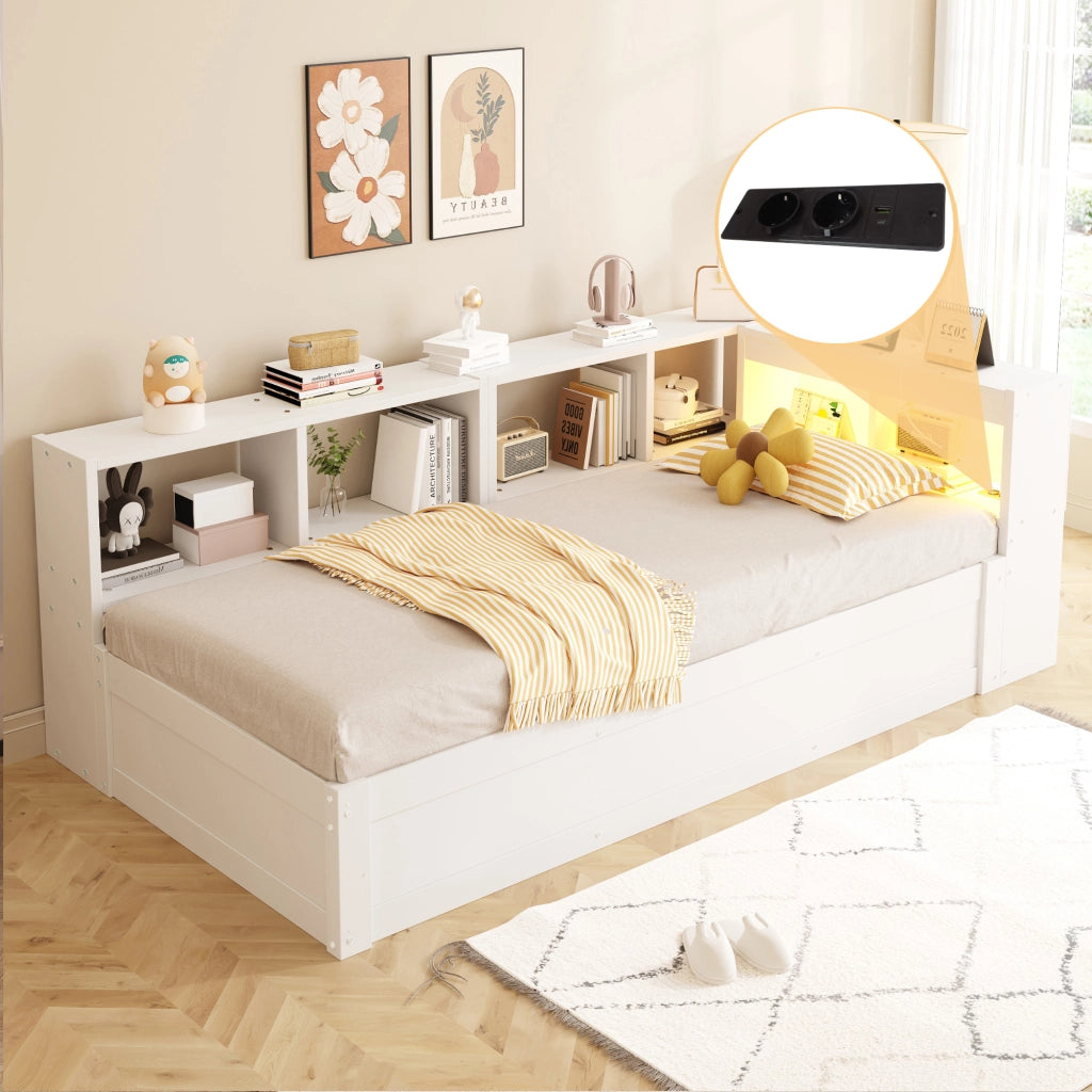 Letto singolo multifunzione 90 × 200 cm con vano contenitore legno bianco presa integrata e luce LED