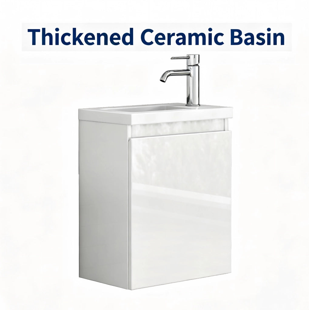 Mobile bagno sospeso 40 cm bianco lucido con lavabo in ceramica e specchio, design senza maniglie con cerniere ammortizzate, preassemblato
