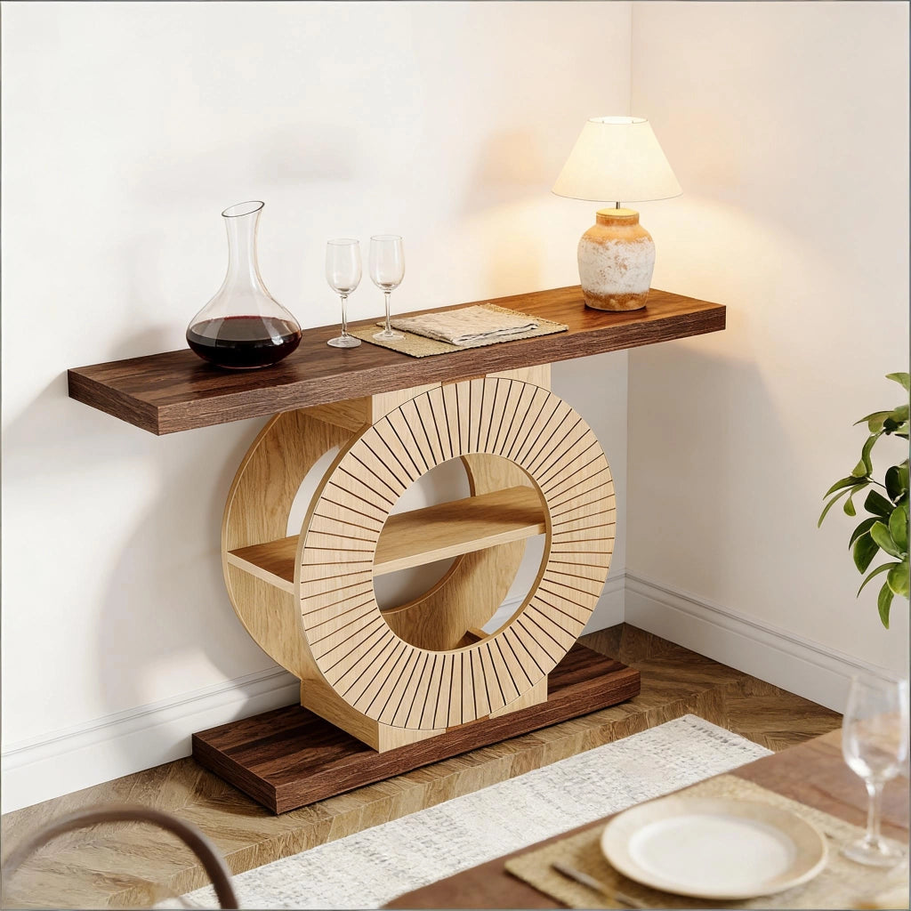 Consolle 113.0x41.5x21.0 cm con ripiani e base rotonda in legno marrone