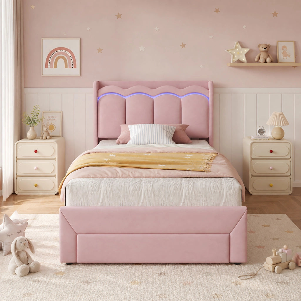 Letto singolo imbottito 90 x 200 cm in velluto rosa con cassetto; LED e testiera a onde