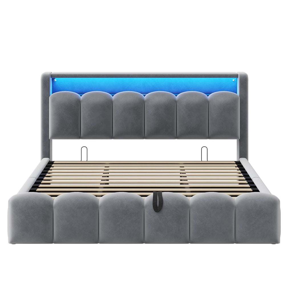 Letto matrimoniale imbottito 180x200 cm in velluto grigio con contenitore; LED e USB/Type-C