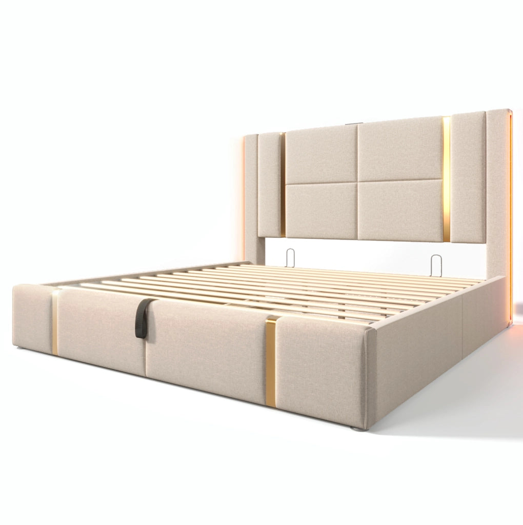 Letto imbottito 140x200 cm con materasso, contenitore, LED, USB e USB-C beige