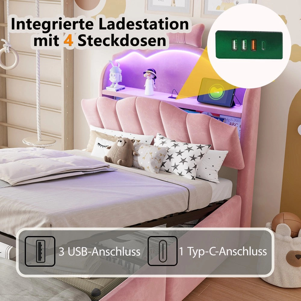 Letto imbottito per bambini con contenitore ¨C Minimal ¨C rosa velluto 90x200cm testiera led idraulico