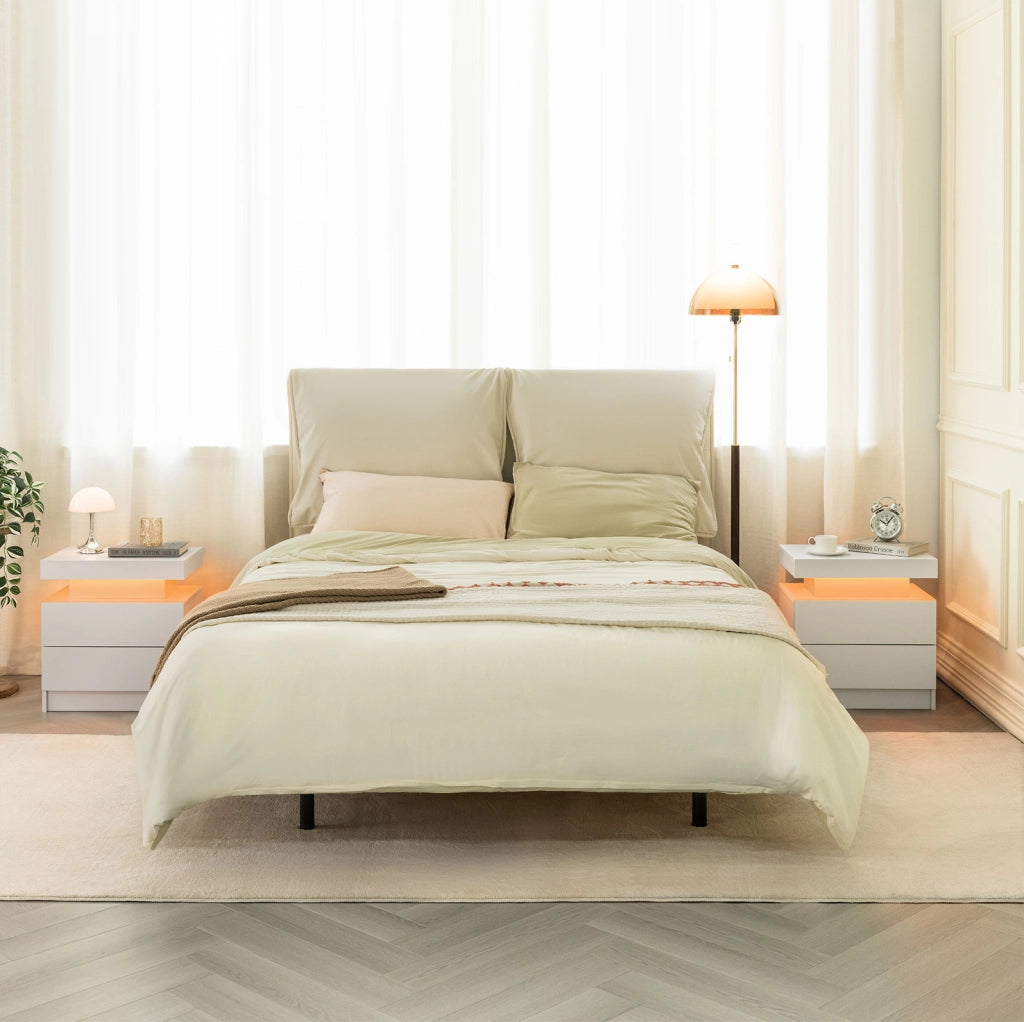 Comodino Moderno Bianco con Luci LED Regolabili e 2 Cassetti per Camera da Letto