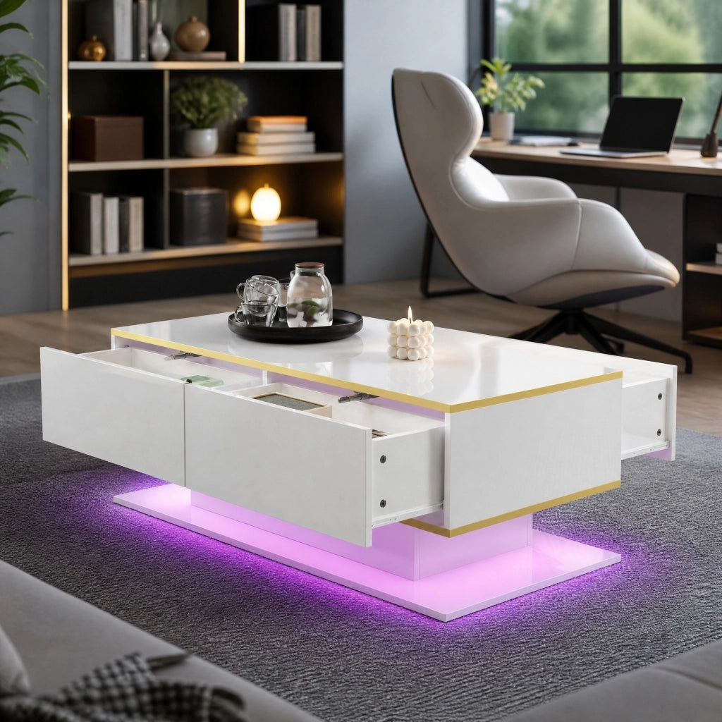 Tavolino da caffè LED 100x50x40 cm con 3 cassetti; bianco lucido e oro