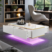 Tavolino da caffè LED 100x50x40 cm con 3 cassetti; bianco lucido e oro