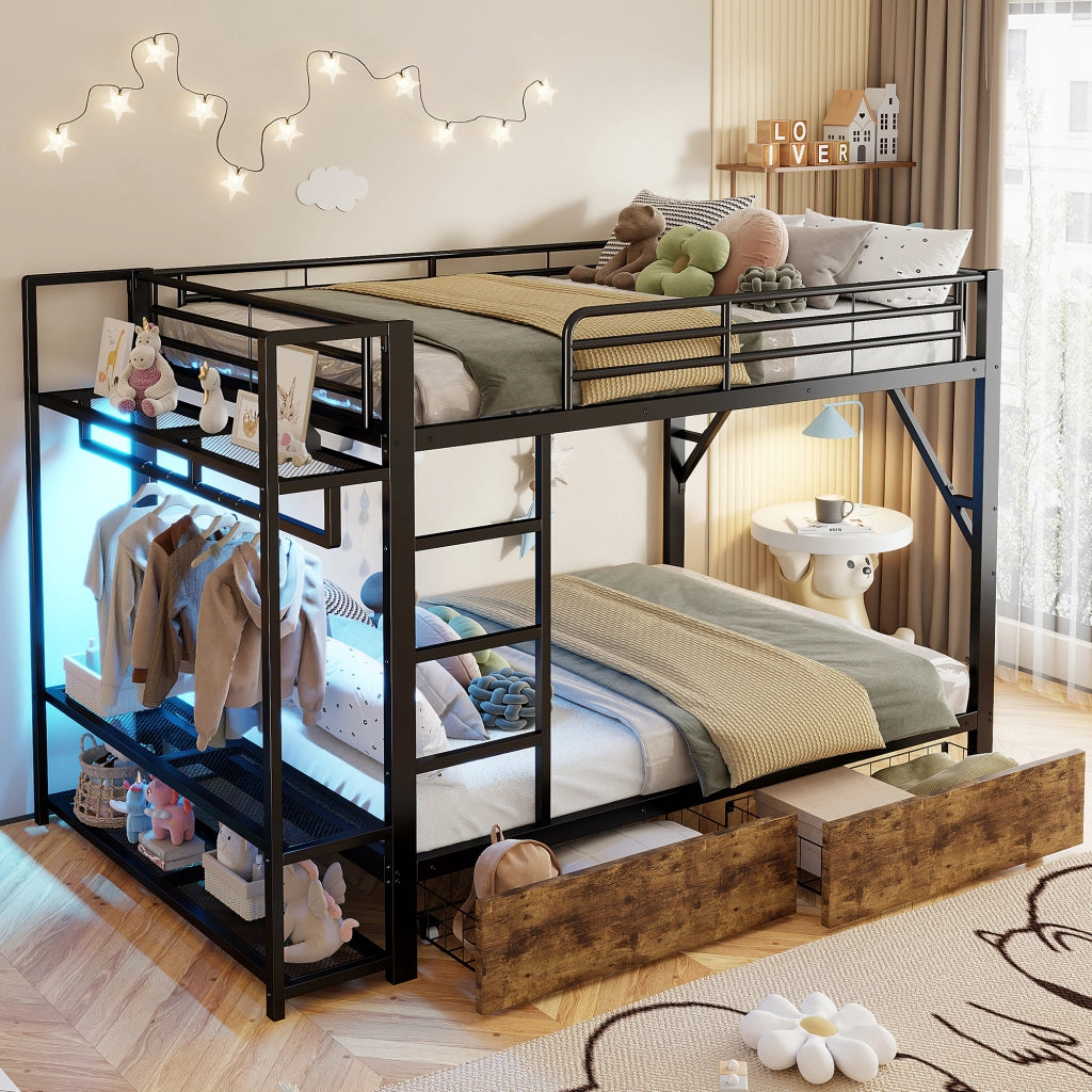 Letto a castello 140 x 200 cm con 2 cassetti e luce LED, struttura in metallo e MDF, nero