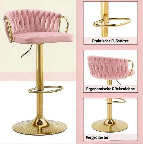 Set di 2 Sgabelli da Bar in Velluto Rosa con Struttura in Metallo, Altezza Regolabile 77-98 cm