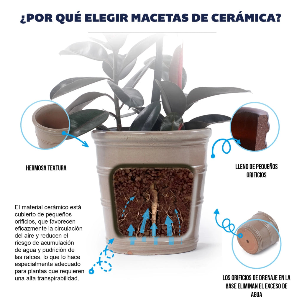 Vaso da Fioriera in Ceramica Fatto a Mano Ø 24 cm, Taupe Brillante con Rilievi Orizzontali, Traspirante e Resistente al Gelo, con Fori di Drenaggio