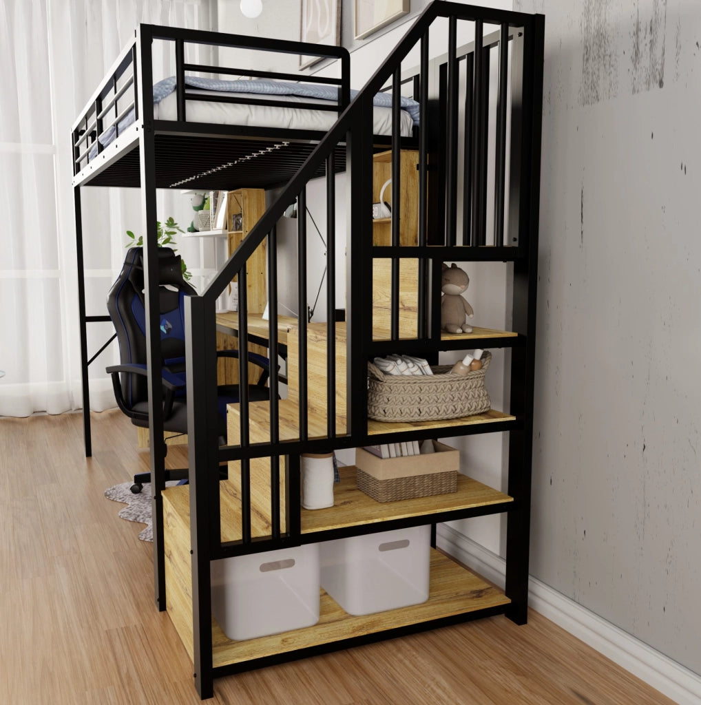 Letto alto 90 x 200 cm in metallo e MDF con scrivania; armadio; scala contenitore e porta USB; nero