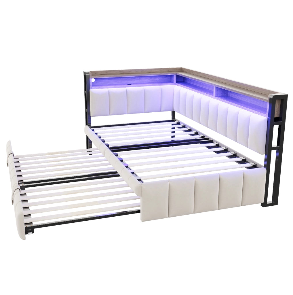 Divano letto estraibile 90x200 cm con LED, USB e USB-C in velluto beige