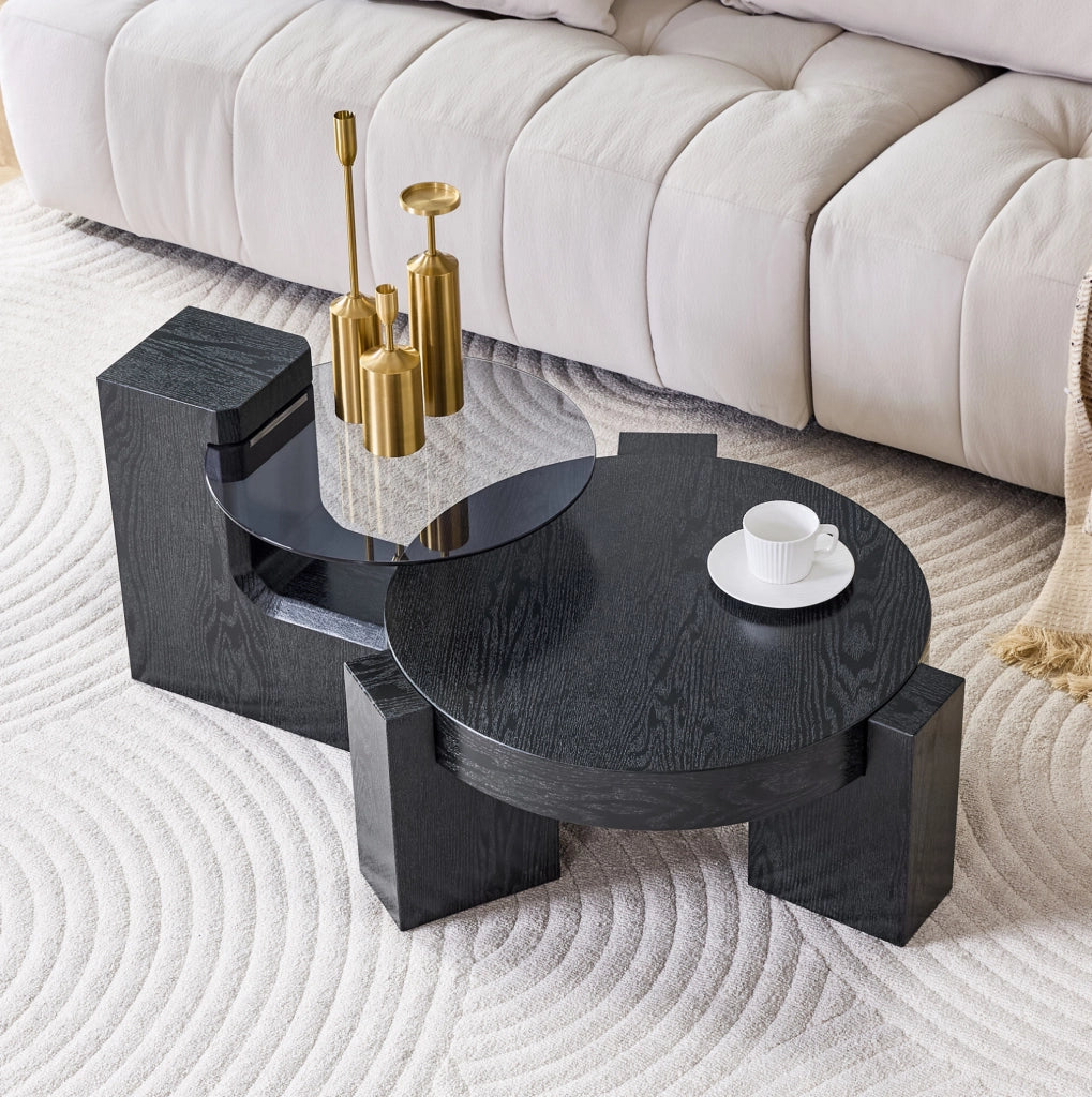 Set tavolini da salotto rotondi separabili in MDF e vetro grigio HOMVRA