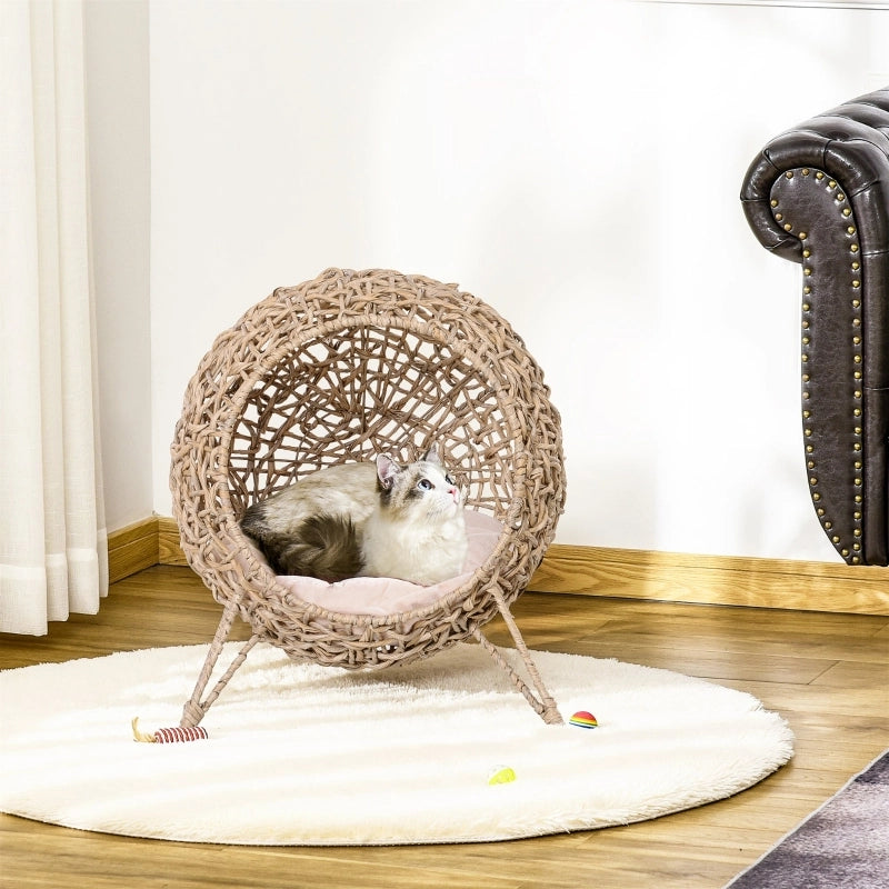 Cuccia per gatti rialzata in rattan PE marrone con cuscino e struttura in metallo per soggiorno e camera