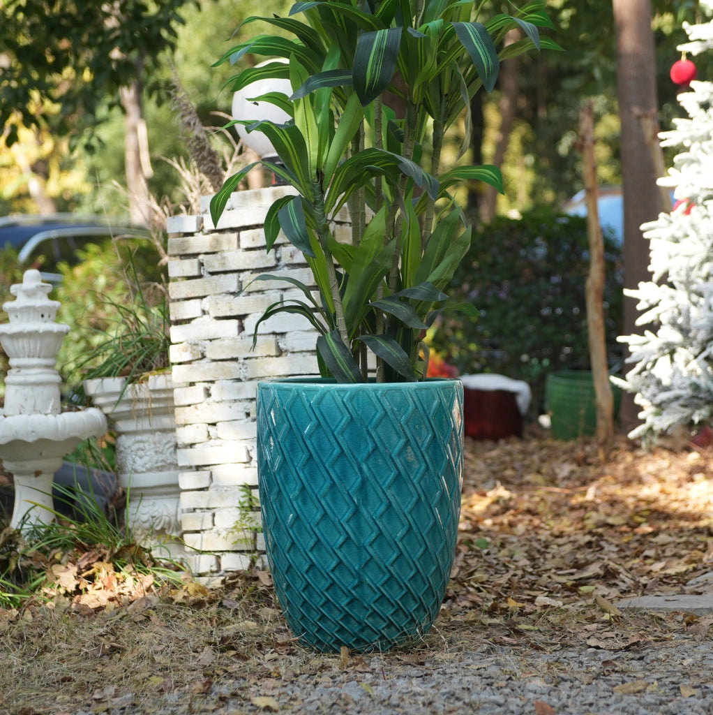 Grande Vaso in Ceramica Artigianale, 42 cm di Diametro × 54 cm di Altezza, Blu Ciano Lucido con Motivo a Rombo, Traspirante e Resistenti al Gelo con Fori di Drenaggio