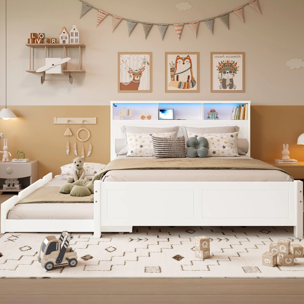 Letto matrimoniale con letto estraibile, testiera con presa di ricarica, luci LED e contenitore, bianco, 214x128,5x91,5 cm