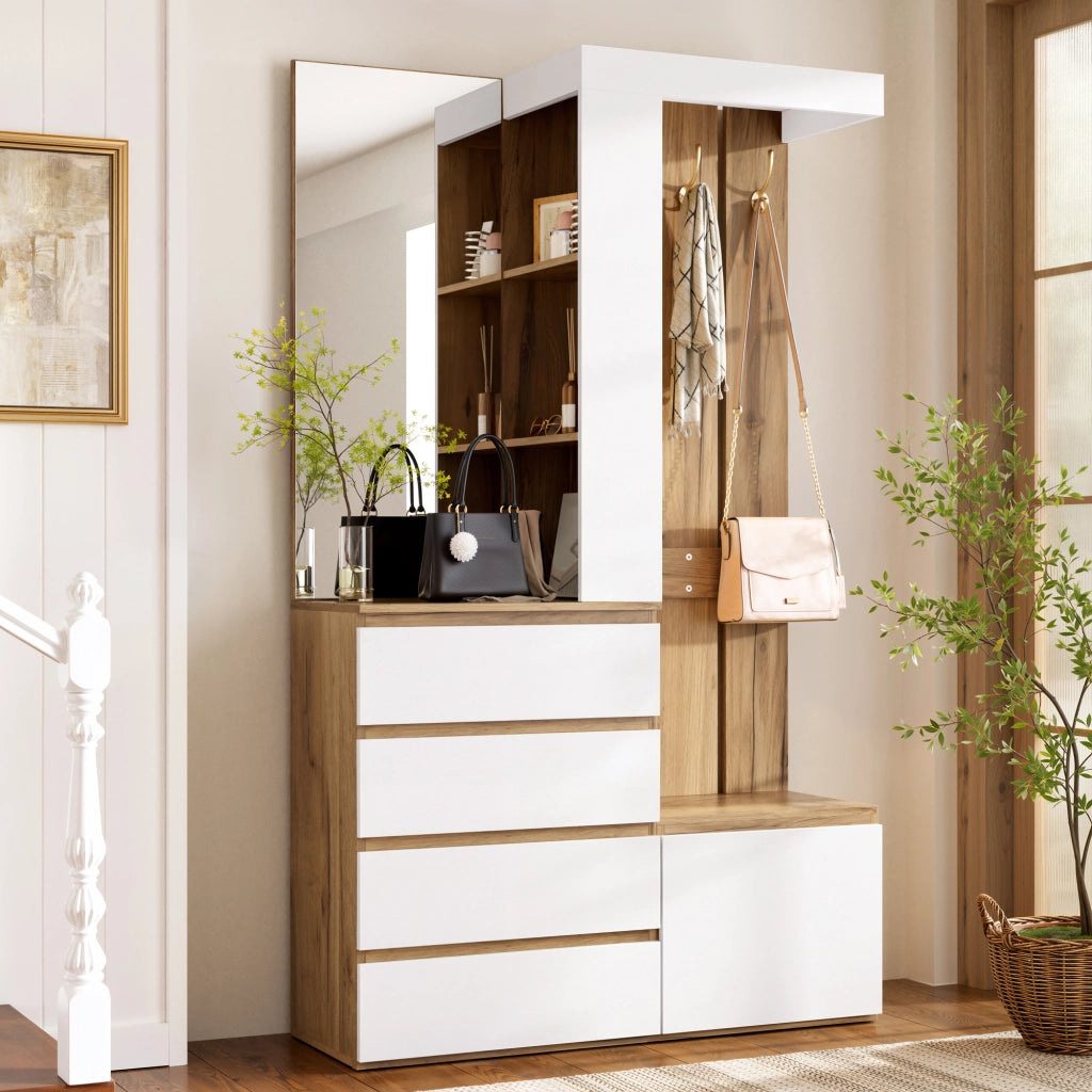 Mobile ingresso con specchio, 4 cassetti, anta e ganci per corridoio, truciolare bianco naturale, 100 × 35 × 180 cm