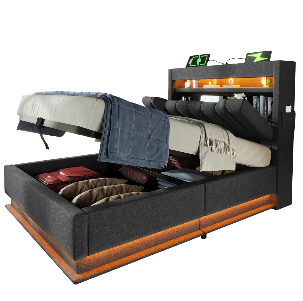Letto singolo 90x200 con LED, testiera contenitore e porte USB