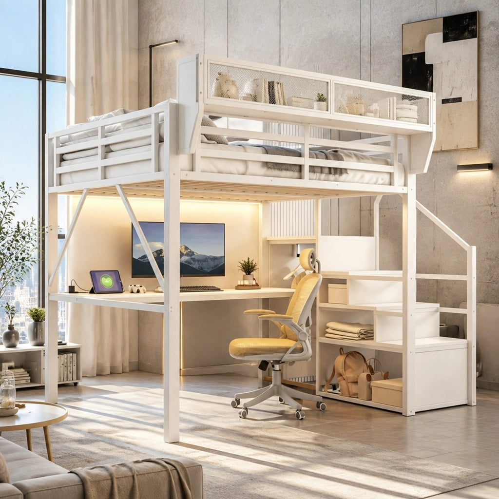 Letto a soppalco 140 × 200 cm con scrivania da 2 m LED scaffale regolabile in metallo e MDF bianco