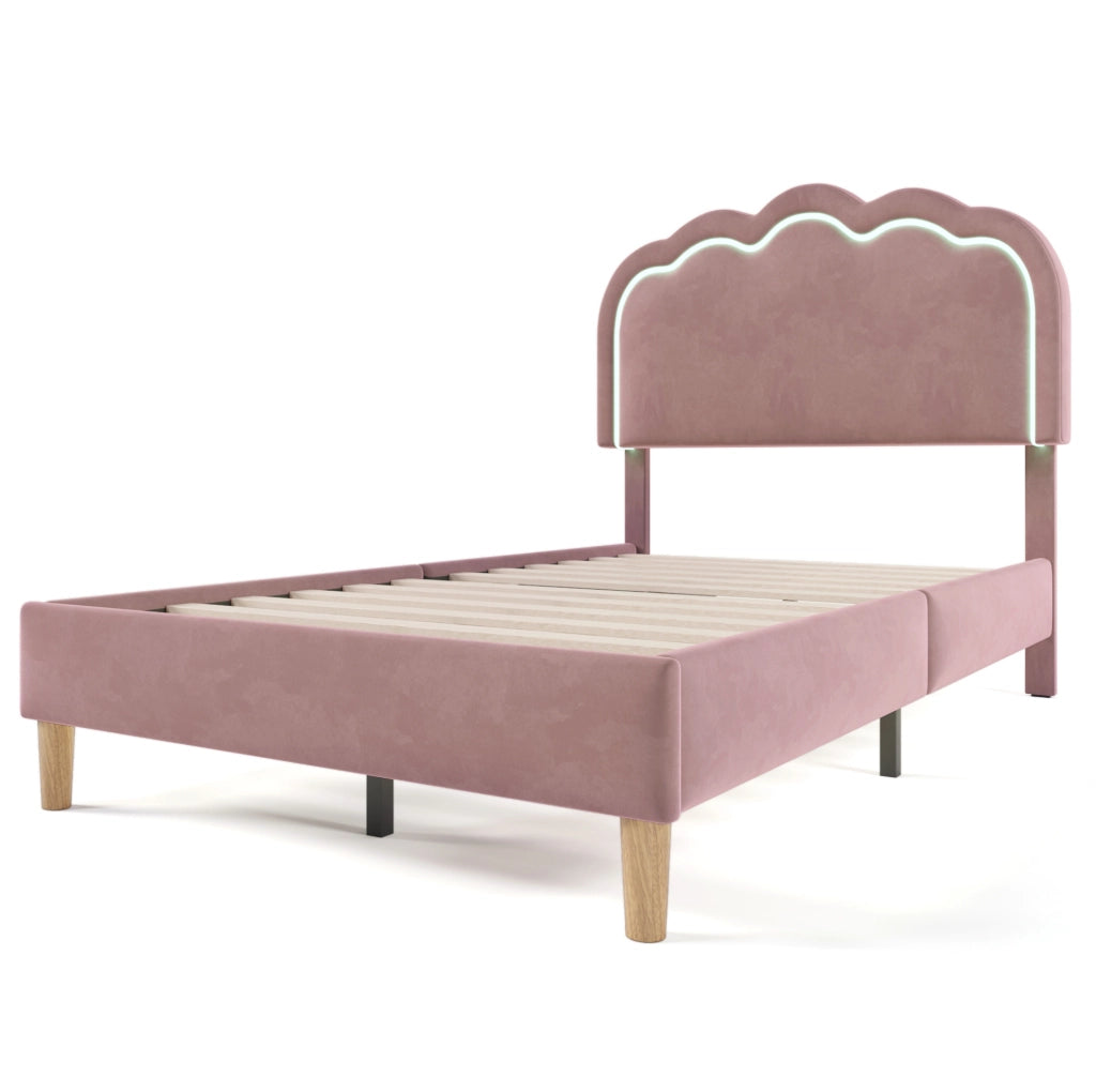Letto imbottito 90x200 cm in velluto rosa con testiera regolabile e LED
