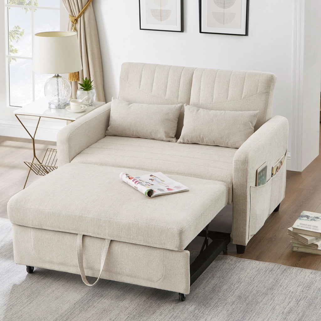 Divano letto a 2 posti estraibile beige 114x77x82.5 cm con schienale regolabile in 3 posizioni; tessuto traspirante in cotone e lino