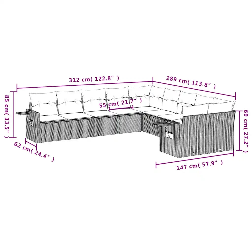 Set Divani da Giardino 10 pz con Cuscini Grigio in Polyrattan 3220710