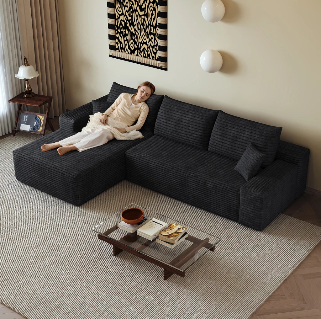 Divano modulare angolare boneless 270 cm con chaise longue a L in velluto a coste nero, senza montaggio