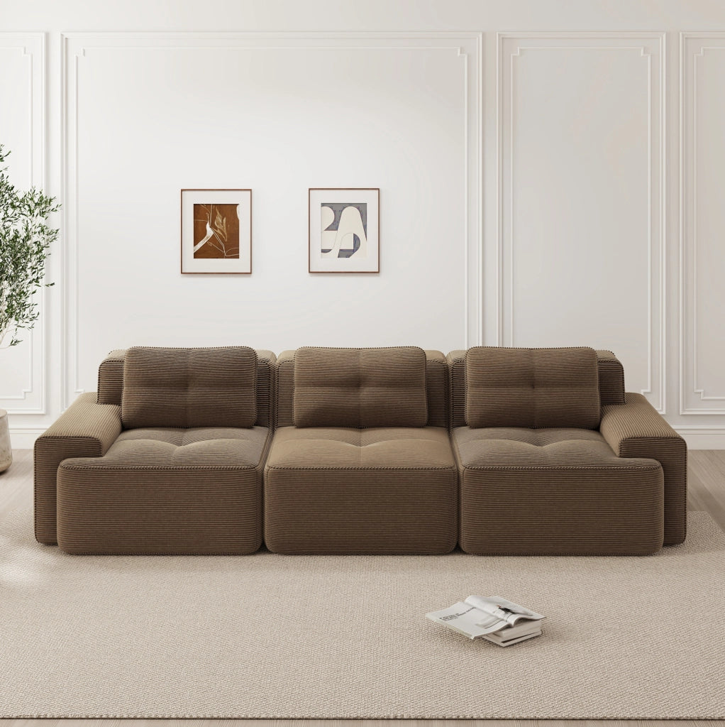 Divano modulare Cloud senza gambe in tessuto a coste marrone, 3 posti con seduta profonda da 74 cm, design componibile