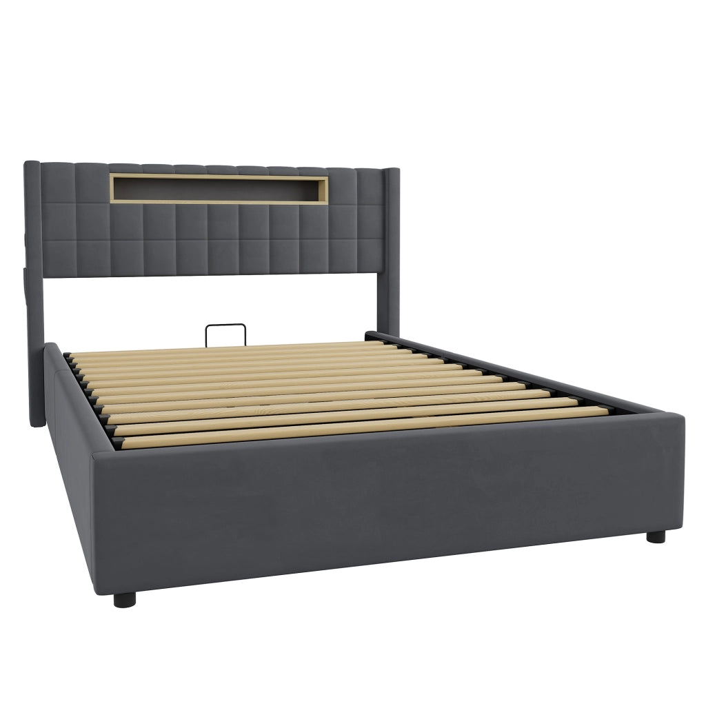 Letto matrimoniale contenitore idraulico 140x200 cm con LED e ricarica USB/Type-C, velluto grigio scuro, senza materasso