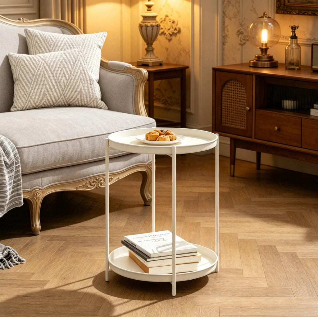 Tavolino rotondo da salotto Ø 44 cm con 2 ripiani rimovibili in metallo bianco crema HOMVRA