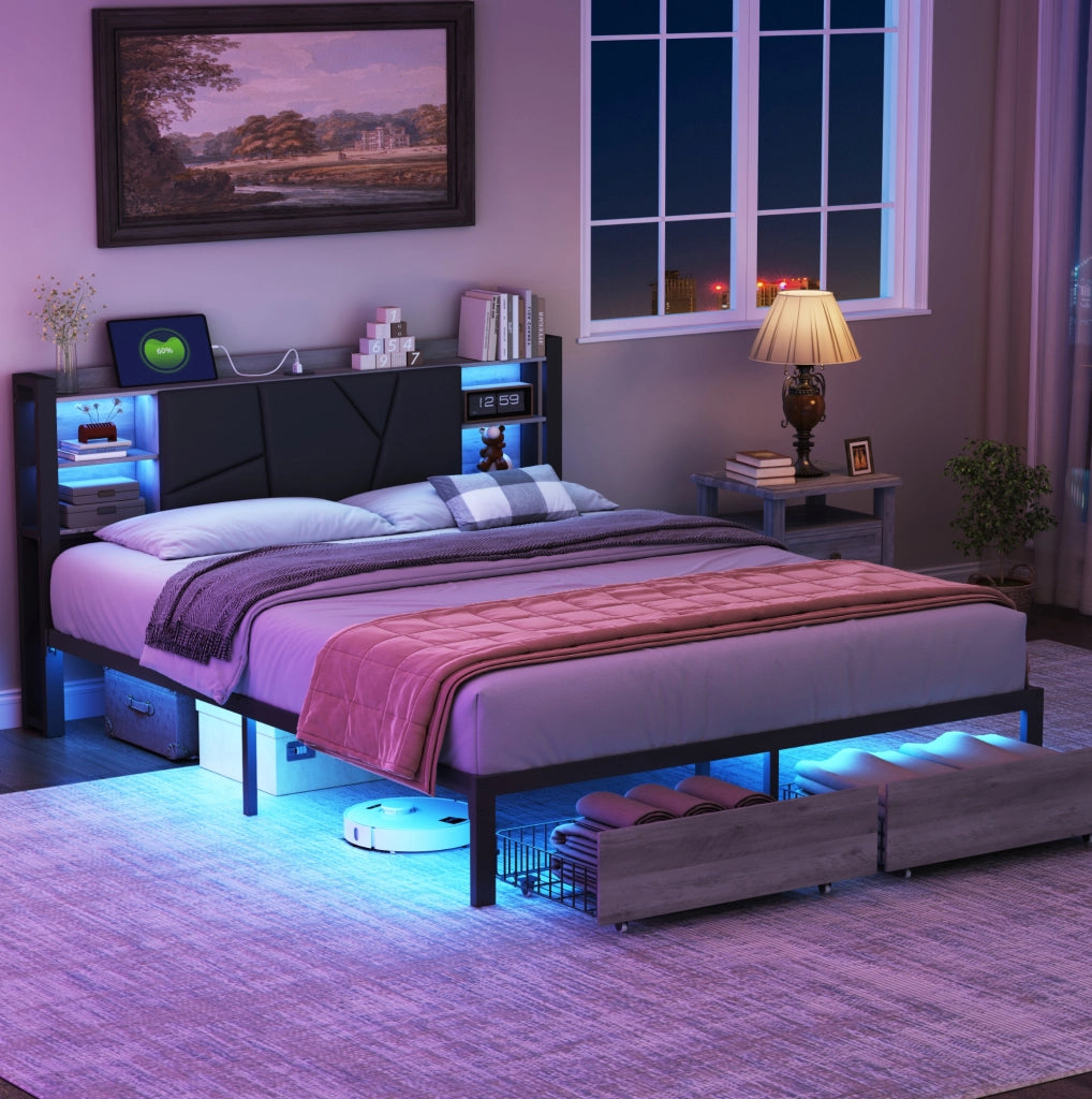 Letto 140x200 cm con LED, USB, 2 cassetti e struttura in ferro nero