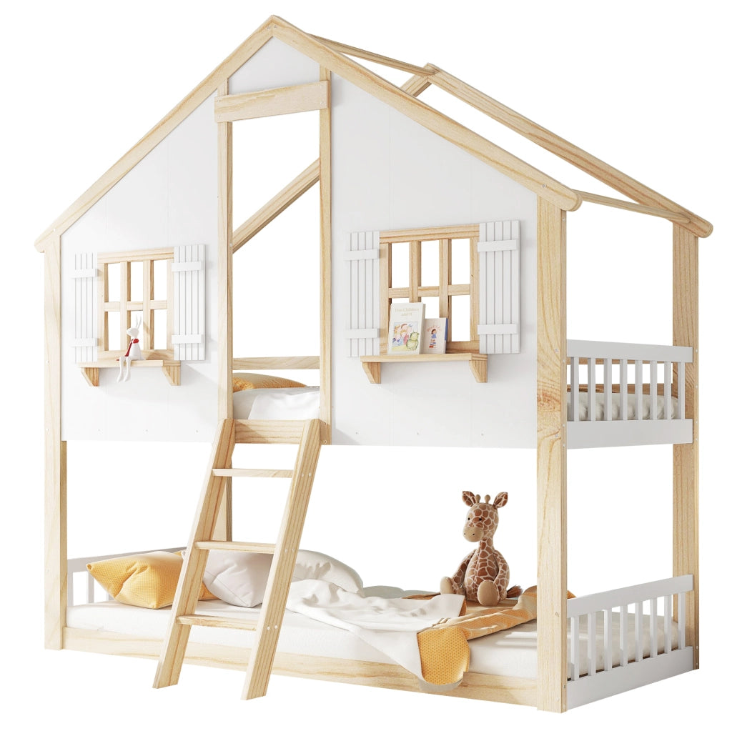 Letto a castello per bambini 90x200 cm bianco naturale con tetto, finestre e scala