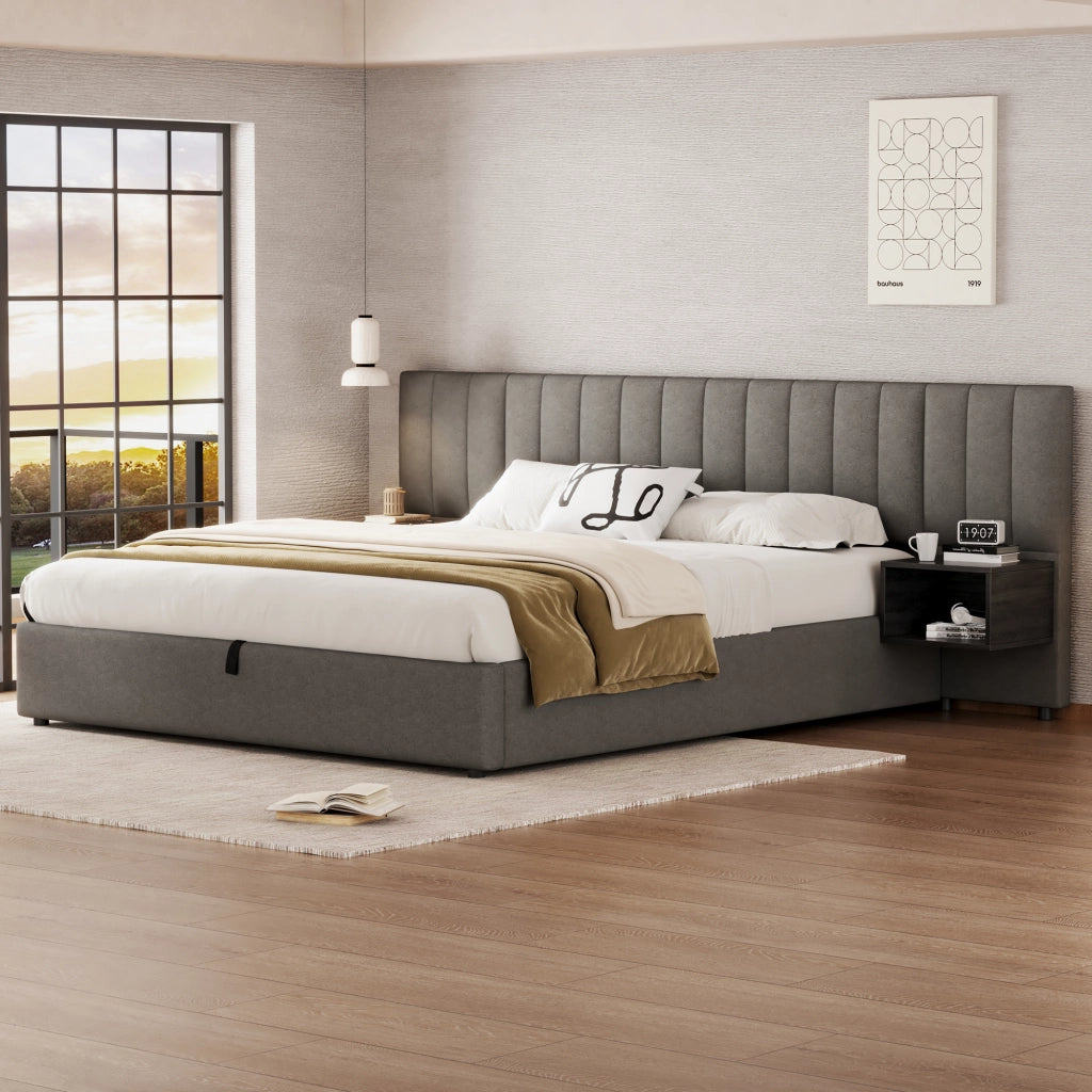 Letto imbottito con contenitore idraulico e 2 comodini, 180x200 cm, lino grigio/nero
