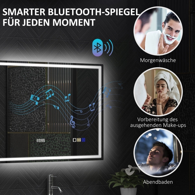 Specchio da bagno LED con Bluetooth; orologio digitale; antiappannamento e controllo touch; argento