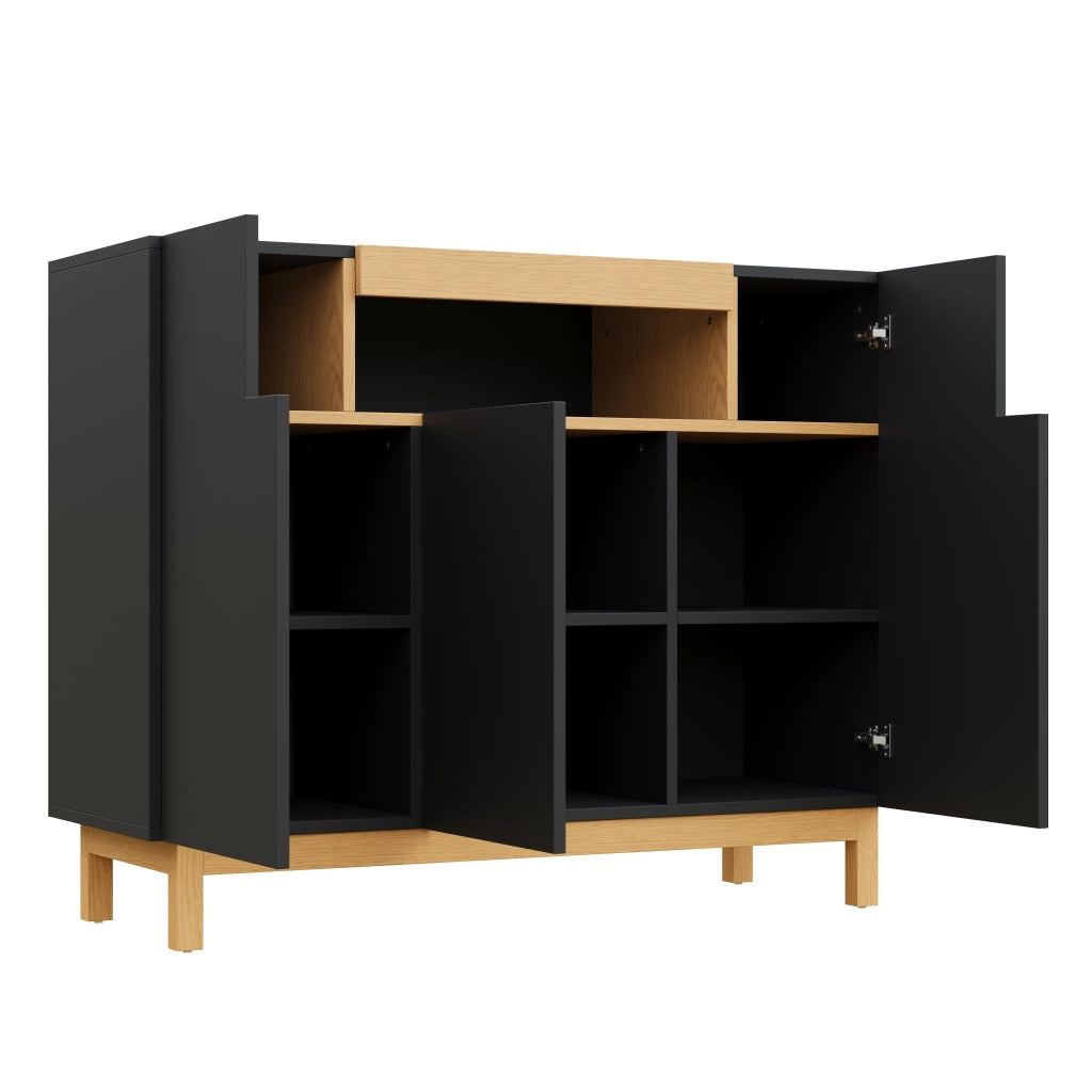 Credenza con tre ante 120;5 cm con vano centrale aperto; pannello truciolare; nera effetto legno