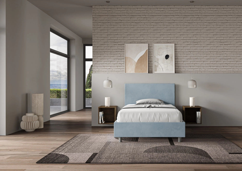 Letto Singolo 80x210 cm con Rete e Contenitore Adele Azzurro