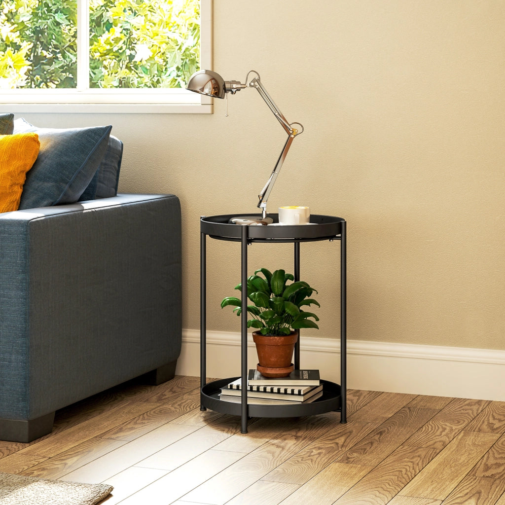 Tavolino rotondo 44x44x56 cm con 2 ripiani in acciaio nero