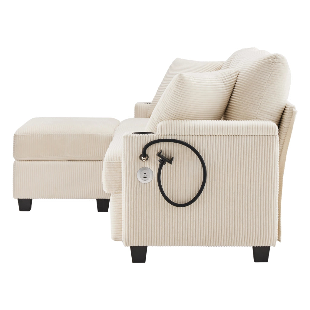 Divano angolare 3-4 posti con pouf mobile, USB e ripiani braccioli in velluto a coste beige