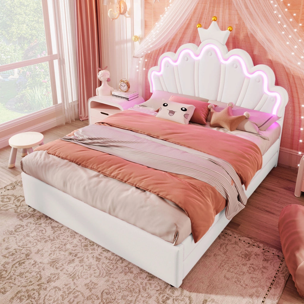 Letto matrimoniale Princess imbottito 140x200cm con 2 cassetti e forma di corona in PU bianco