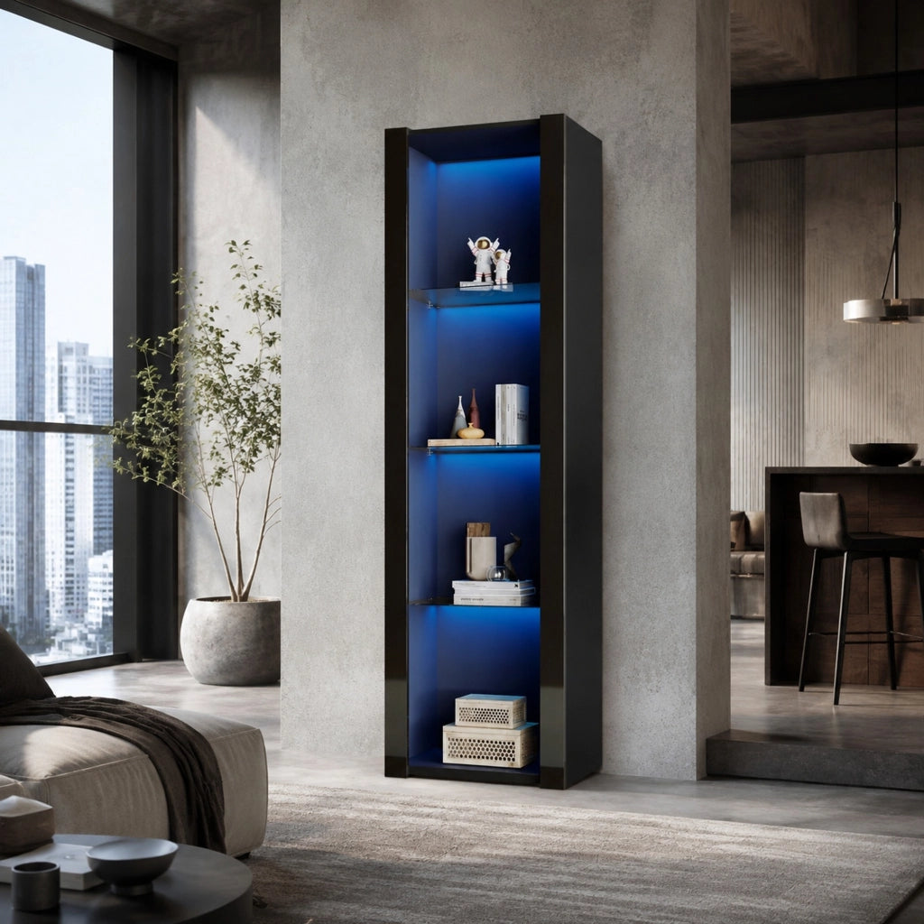 Vetrina 55x38x166 cm nera lucida con 3 ripiani in vetro e illuminazione LED via app HOMVRA