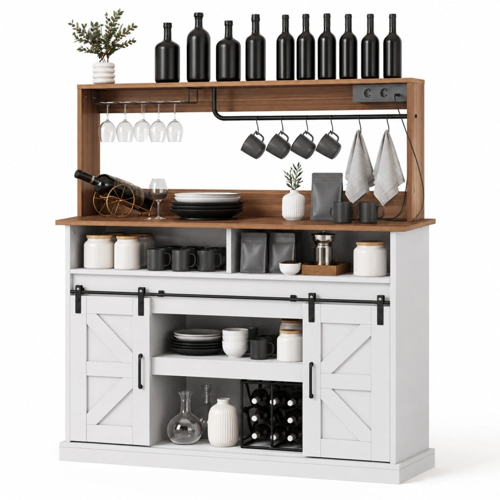 Mobile bar caffÃ¨ 120x40x130 cm con prese AC e USB in MDF bianco e naturale