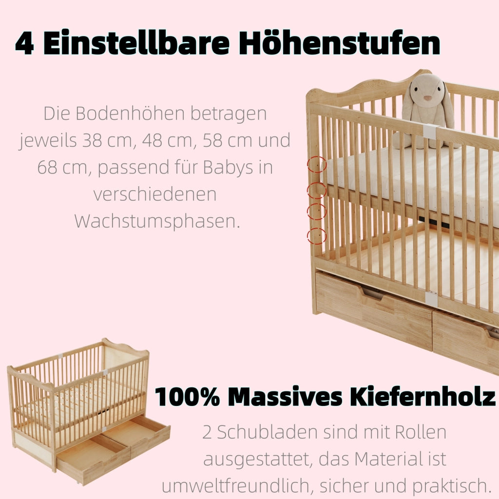 Lettino Baby 70x140 cm in Pino Massello con 4 Altezze Regolabili e Cassetti; Naturale
