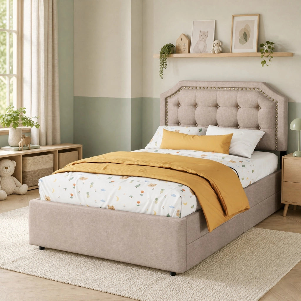 Letto imbottito 90x200 cm con 2 cassetti in lino e MDF beige scuro
